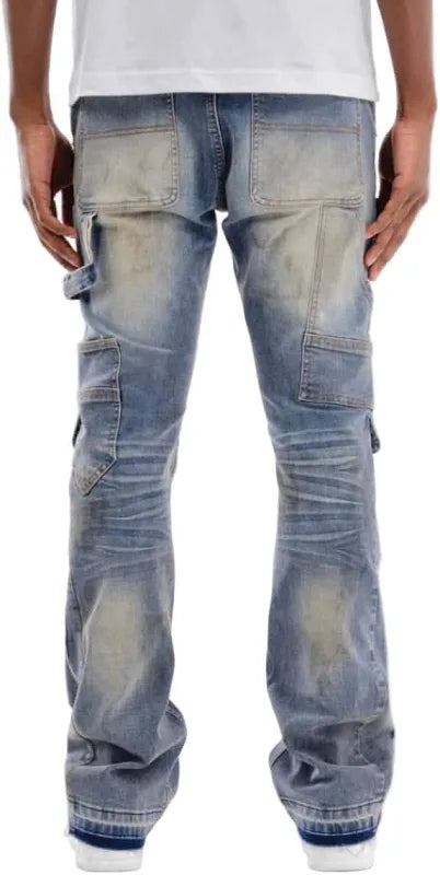 Copper Rivet Carpenter flare denim jeans with front zipper pocket and copper rivet details, stylish and durable denim pants.