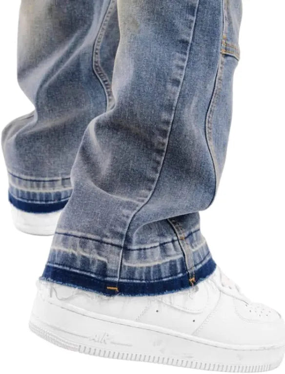 Copper Rivet Carpenter front zipper pocket flare denim jeans with classic denim texture and copper rivet details.