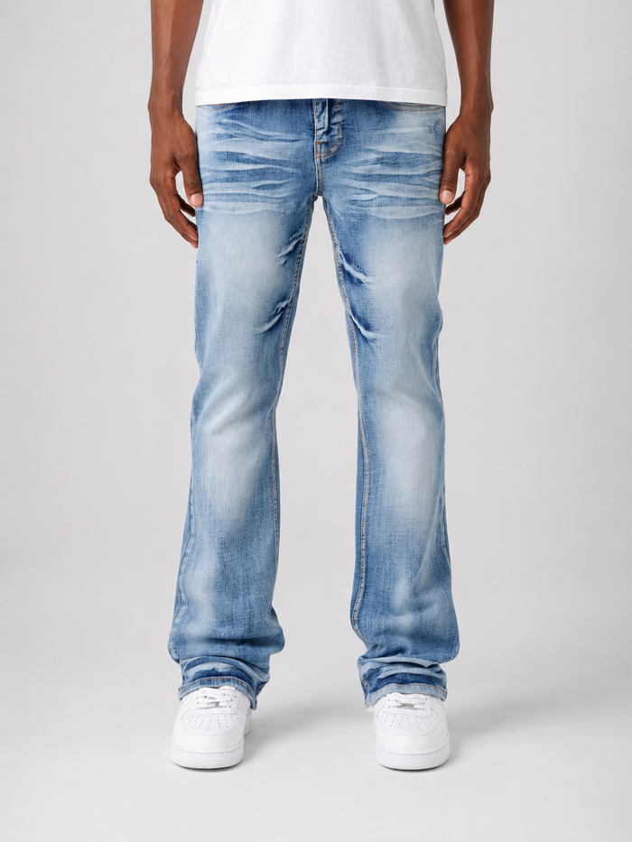 Copper Rivet Cross Hatch flare denim jeans in dark wash with distinctive stitching and rivet details, front view.