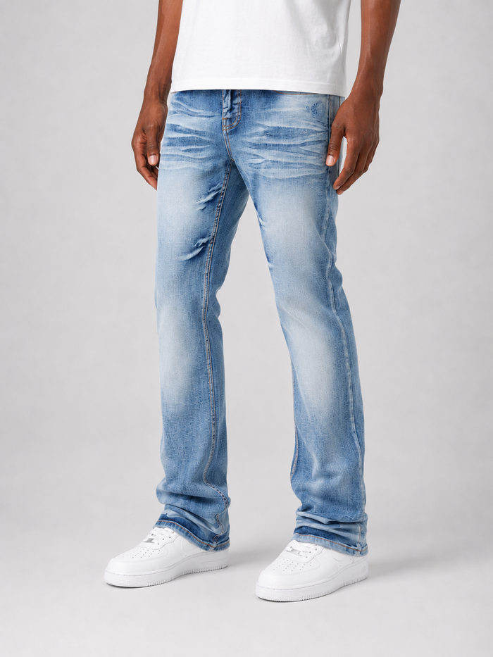 Copper Rivet Cross Hatch Flare Denim jeans, featuring a stylish denim fabric with flare leg design and copper rivet accents.