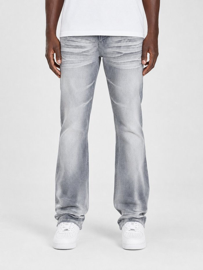 Copper Rivet Cross Hatch flare denim jeans in grey with a stylish design, featuring distinctive cross hatch pattern and flared legs.