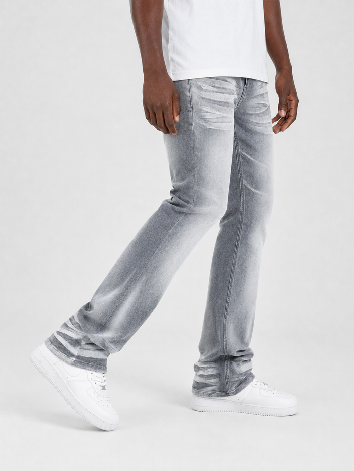 Grey Copper Rivet Cross Hatch Flare Denim jeans showing the detailed distressed fabric and stylish flare cut.
