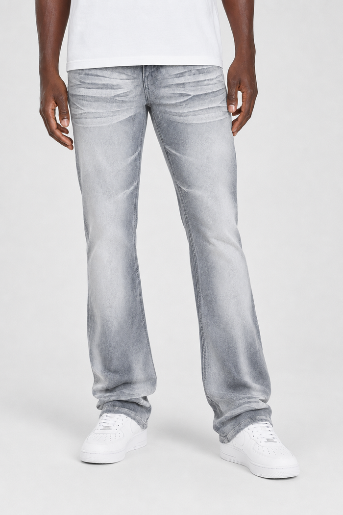 Copper Rivet Cross Hatch flare denim jeans in grey, featuring a stylish distressed look and flared leg design.