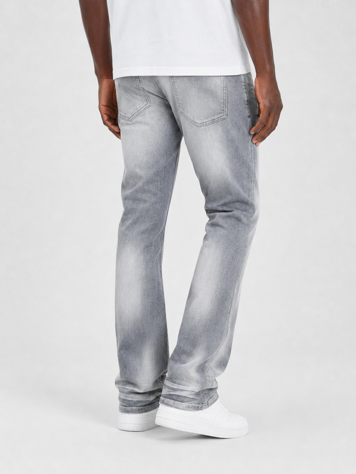 Grey Copper Rivet Cross Hatch Flare Denim jeans, showcasing the stylish denim fabric and flare cut design.