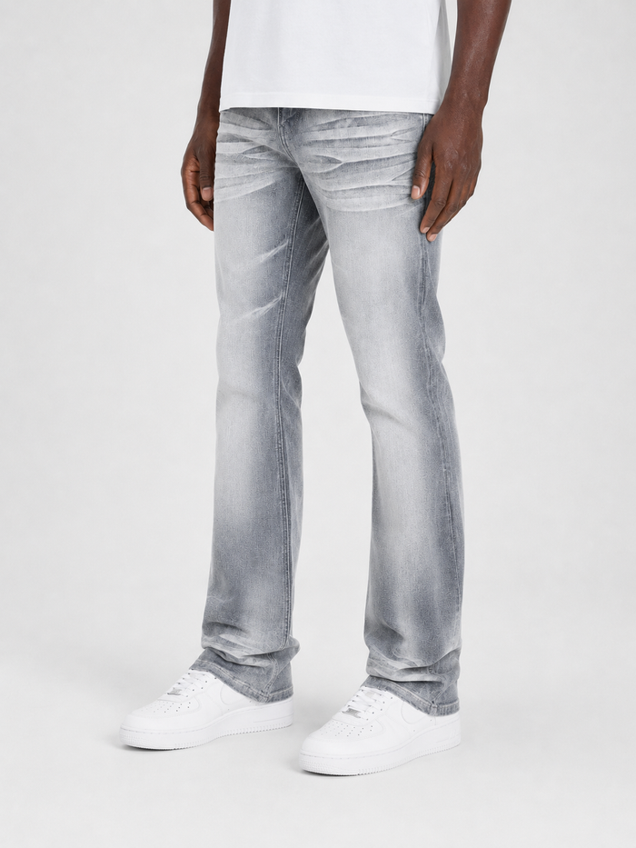 Grey Copper Rivet Cross Hatch flare denim jeans with distressed detailing and a high-waist fit, showcasing the trendy denim style.