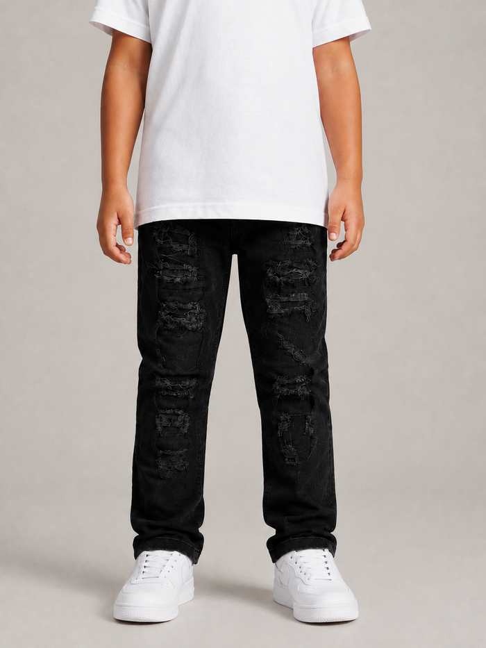 Black Copper Rivet Kids denim jeans with rip and repair details, designed for kids, featuring a stylish and durable denim look.
