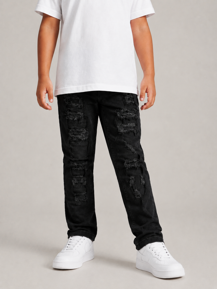 Black Copper Rivet Kids Rip & Repair denim jeans with distressed details and rivet accents, designed for durability and style.