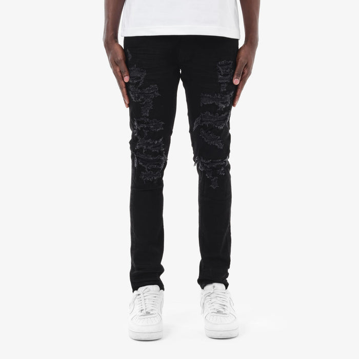 Black Copper Rivet Rip & Repair denim jeans with distressed details and copper rivets, showcasing casual and rugged style.