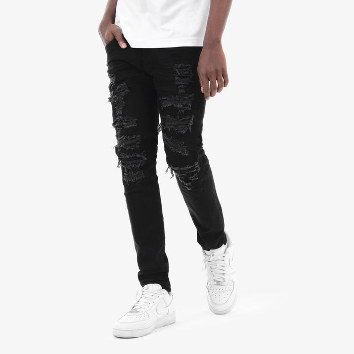 Black Copper Rivet Rip & Repair denim jeans featuring distressed details and copper rivets for a stylish, rugged look.