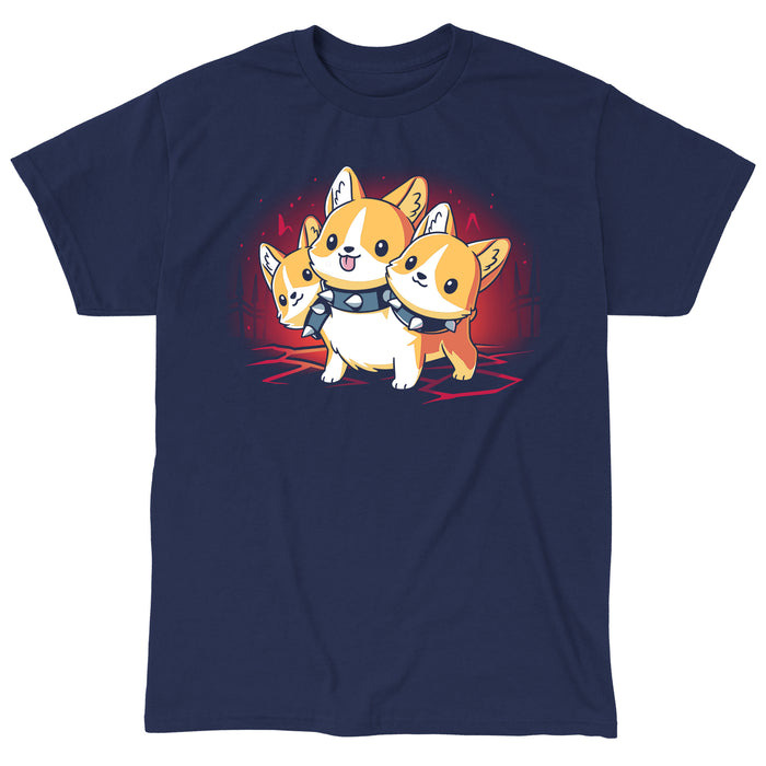 Classic Cotton T-shirt_TeeTurtle navy blue Corgi Cerberus. Featuring a corgi wearing a spiked collar with three heads.