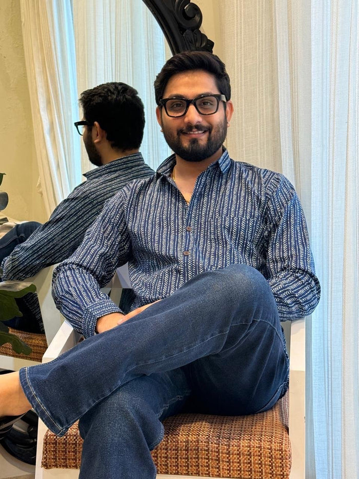 Cotton Men?? Full Sleeves Shirt- Indigo Lines