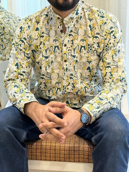 Cotton Men? Short Kurta- White Green Zoo