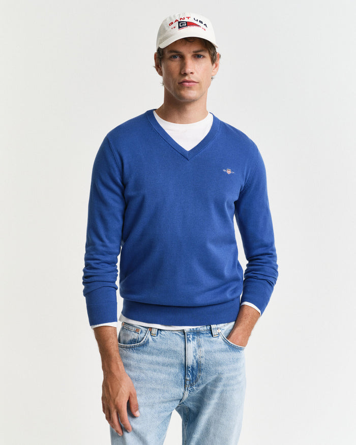 Cotton V-Neck Sweater in Blue