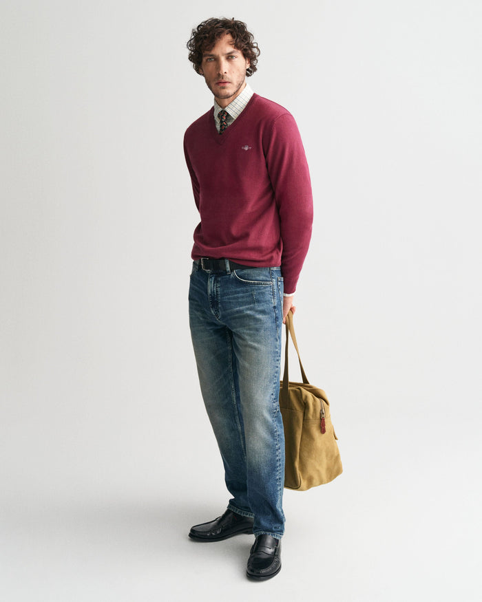 Cotton V-Neck Sweater in Wine