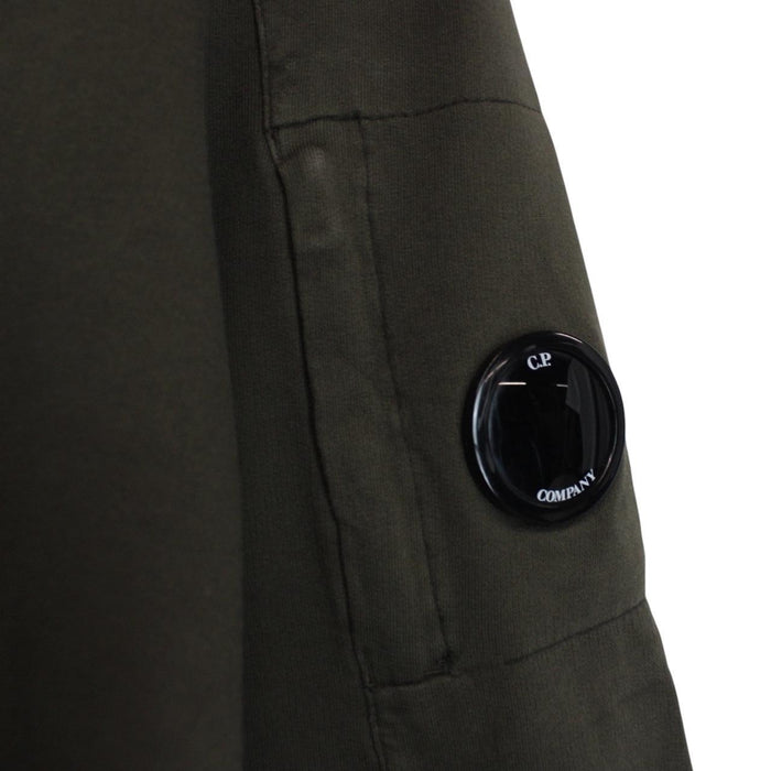 CP Company khaki green sweatshirt with goggle lens detail and cotton material.