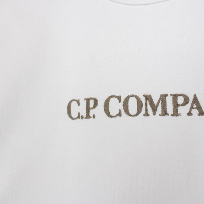 CP Company white pocket t-shirt with embroidered logo and mercerized cotton fabric.