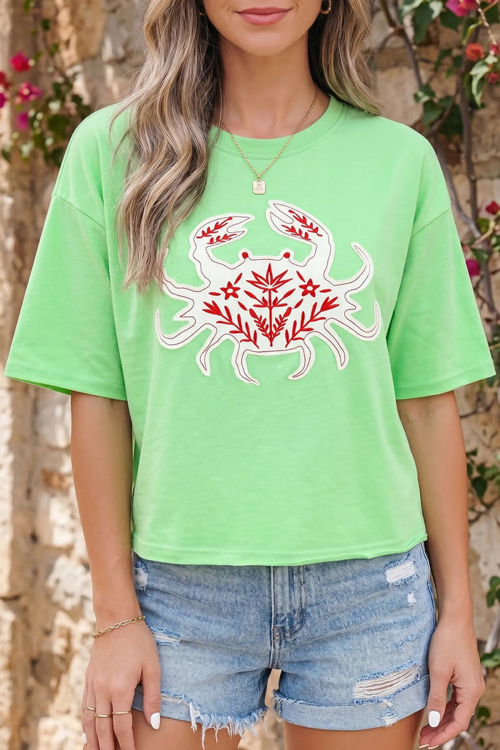 Crab Embroidered Patch Loose Round Neck Tee – Bright Green
