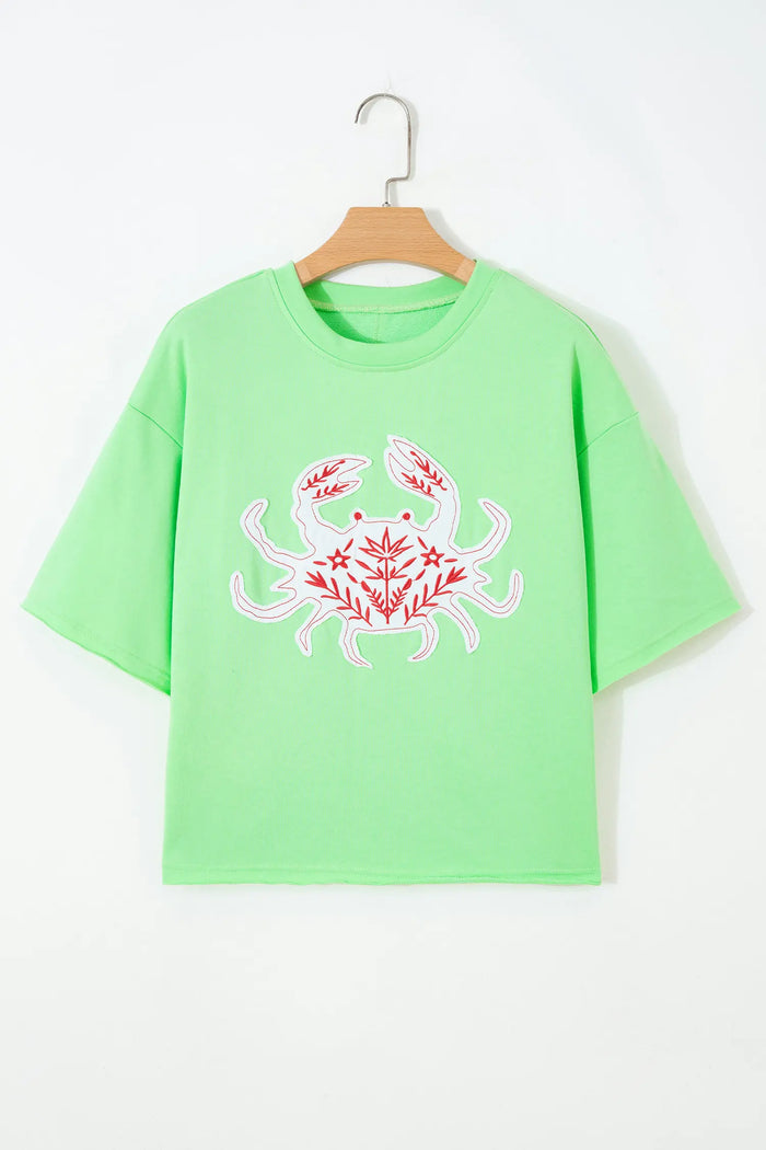 Crab Embroidered Patch Loose Round Neck Tee – Bright Green