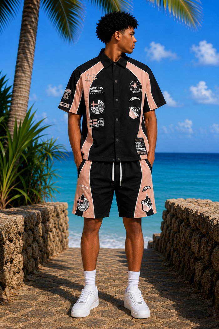 Black Crafted nylon shorts with a sleek, smooth fabric fit and subtle stitching details, perfect for casual wear.