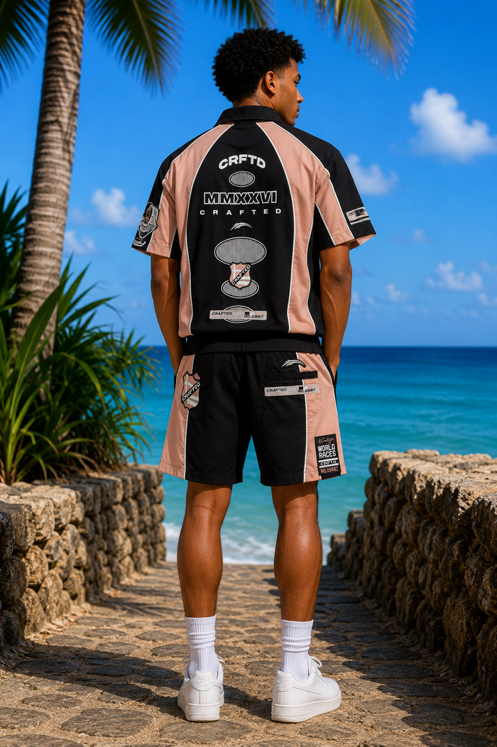 Black Crafted nylon shorts with a relaxed fit, featuring an elastic waistband and side pockets for casual wear.