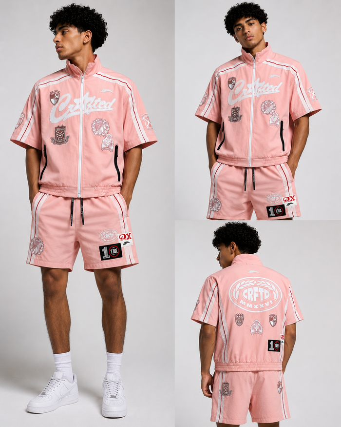 Pink Crafted nylon track suit zip-up jacket with a front zipper and sporty design, perfect for athletic and casual wear.
