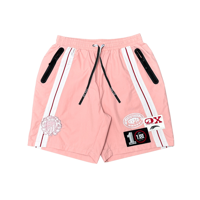 Pink Crafted nylon shorts with a relaxed fit, featuring a smooth waistband and lightweight fabric for casual wear.