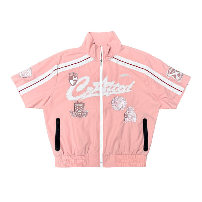 Crafted pink nylon track suit zip-up jacket with a fitted design, featuring a full front zipper and sporty style.