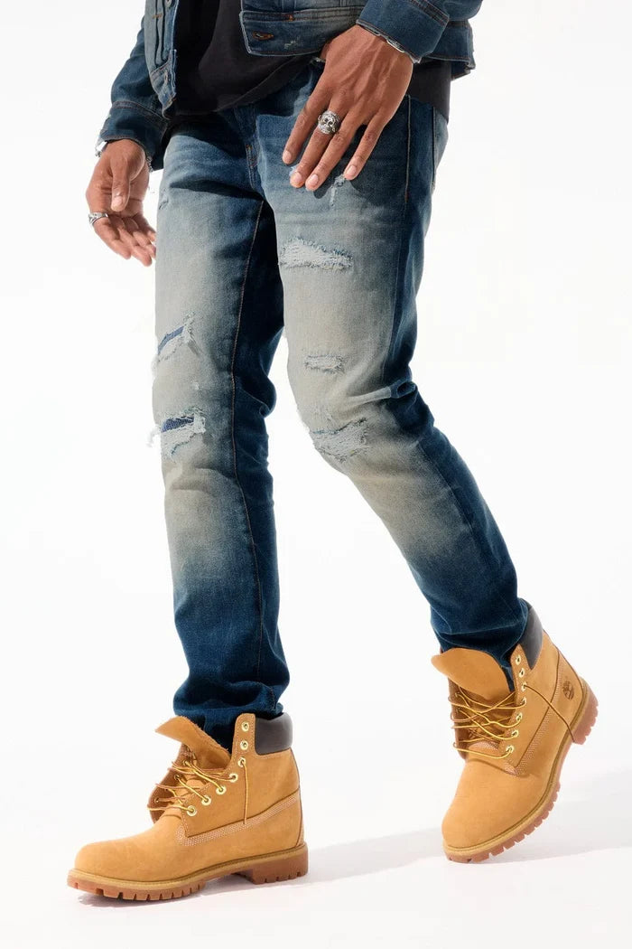 Jordan Craig Collins Meadowlands denim jeans in desert blue, showcasing the stylish denim fabric and classic fit.