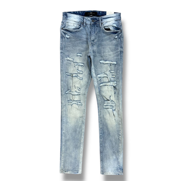 Jordan Craig Sean Denim with shreds in Iced Lager color, showcasing distressed denim style and detailed shredding.