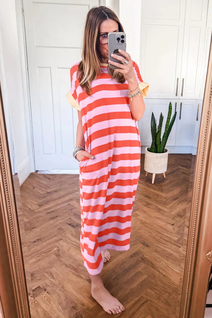 Cuffed Short Sleeve Pocketed Casual T Shirt Long Dress – Rose Stripe