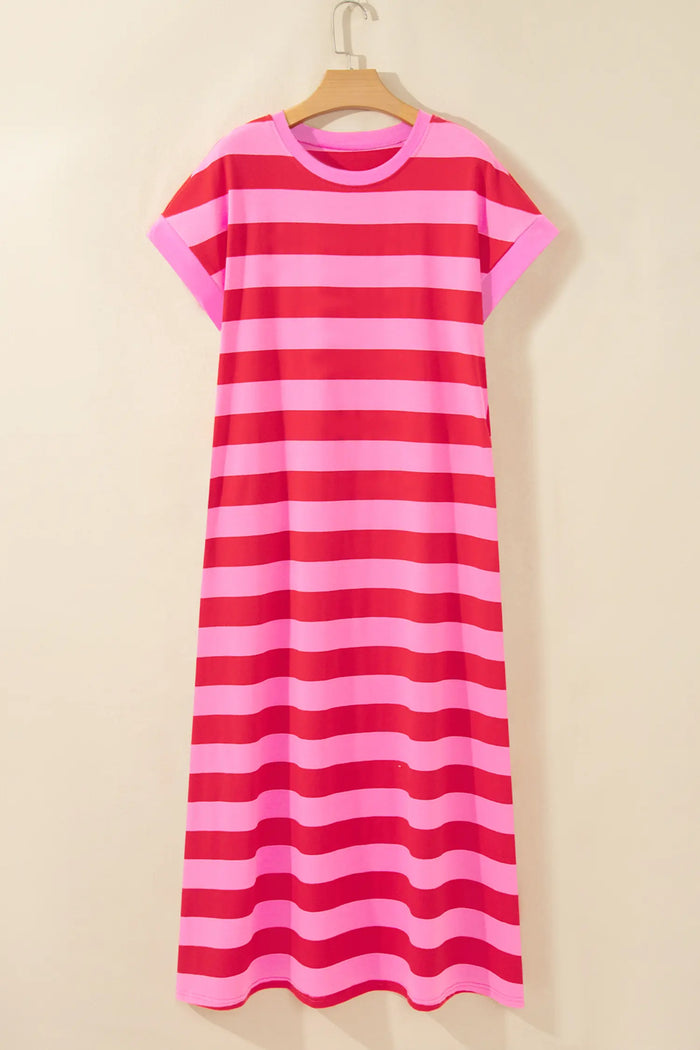 Cuffed Short Sleeve Pocketed Casual T Shirt Long Dress – Rose Stripe