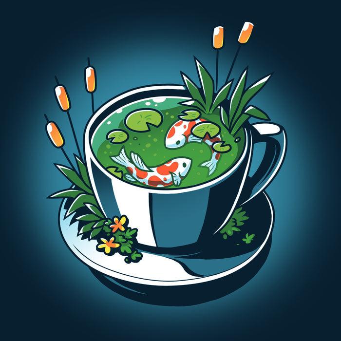 Premium Cotton T-shirt_TeeTurtle navy blue Cup of Koi featuring artistic teacup with two koi fish inside.