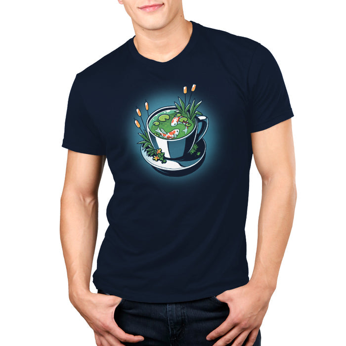 Premium Cotton T-shirt_TeeTurtle navy blue Cup of Koi featuring artistic teacup with two koi fish inside.