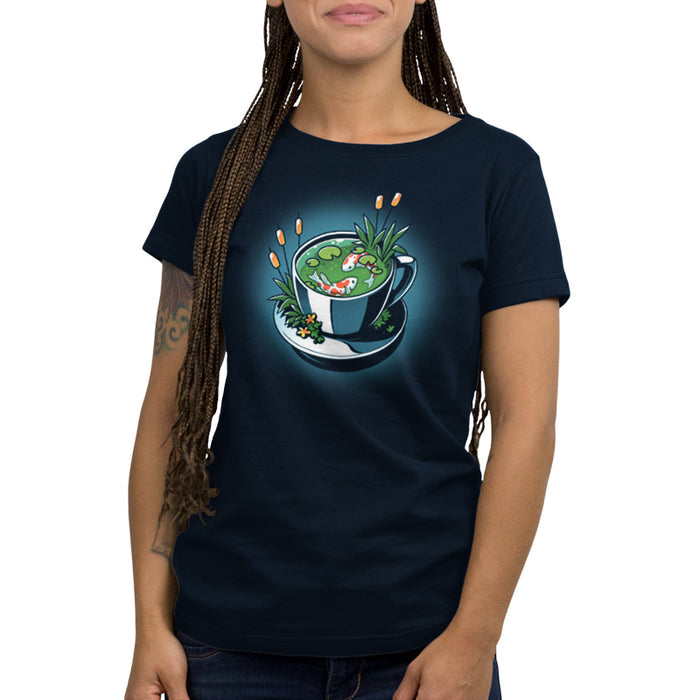 Premium Cotton T-shirt_TeeTurtle navy blue Cup of Koi featuring artistic teacup with two koi fish inside.