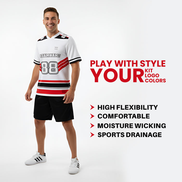 Man wearing a sports jersey and shorts with promotional text on a white background