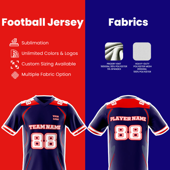 Football jersey with customizable options on a red and blue background