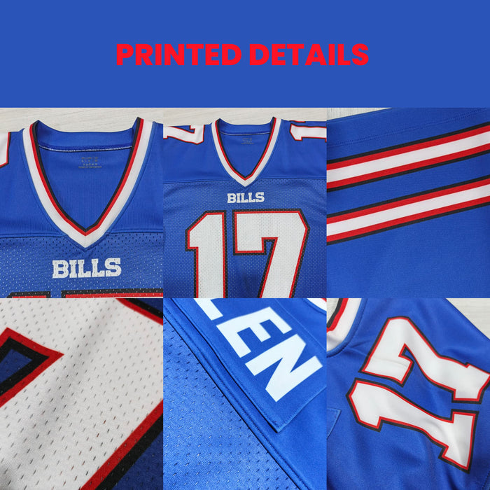Collage of a blue sports jersey with 'Bills' and number '17', showing different angles and details.