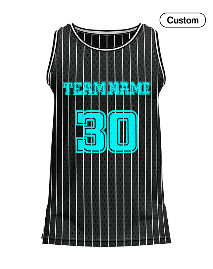 Black pinstripe tank top with teal text for team name and number on a white background