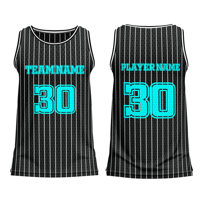 Black pinstripe tank top with teal text for team name and player number on a white background