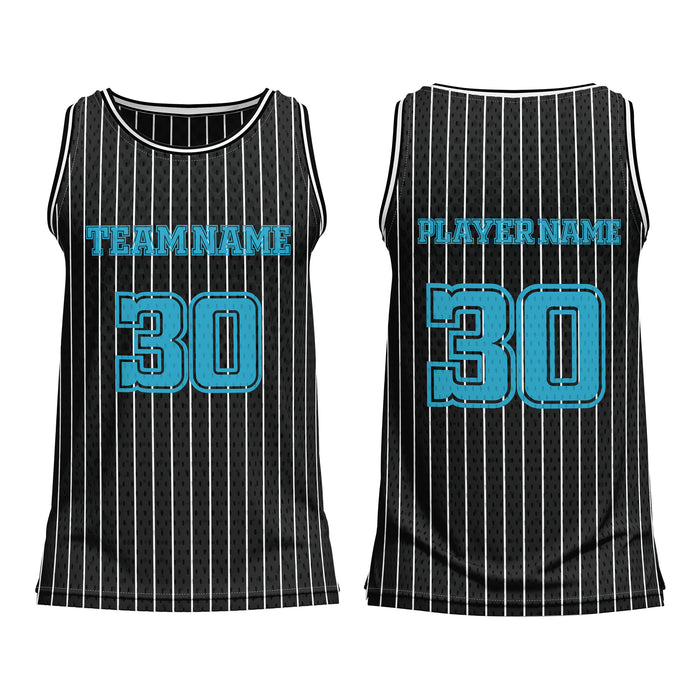 Black pinstripe basketball jersey with customizable text on a white background