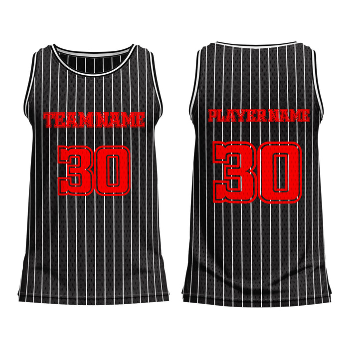 Black pinstripe basketball jersey with red text for team name and player number on a white background