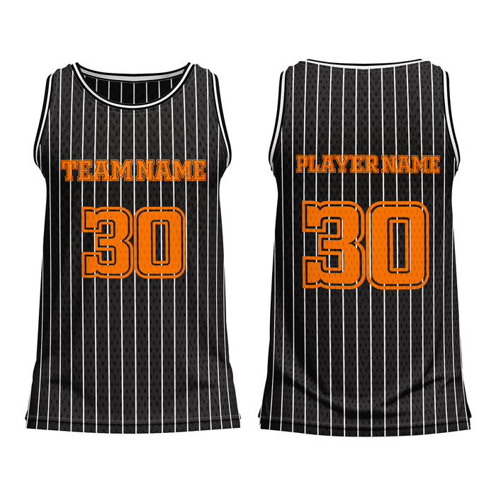 Black pinstripe basketball jersey with customizable text on a white background