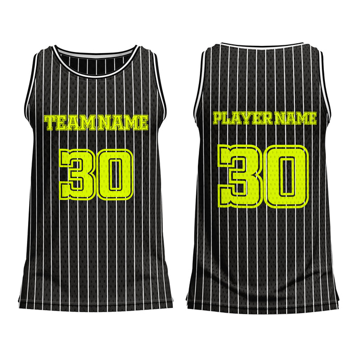 Black pinstripe basketball jersey with customizable text on a white background