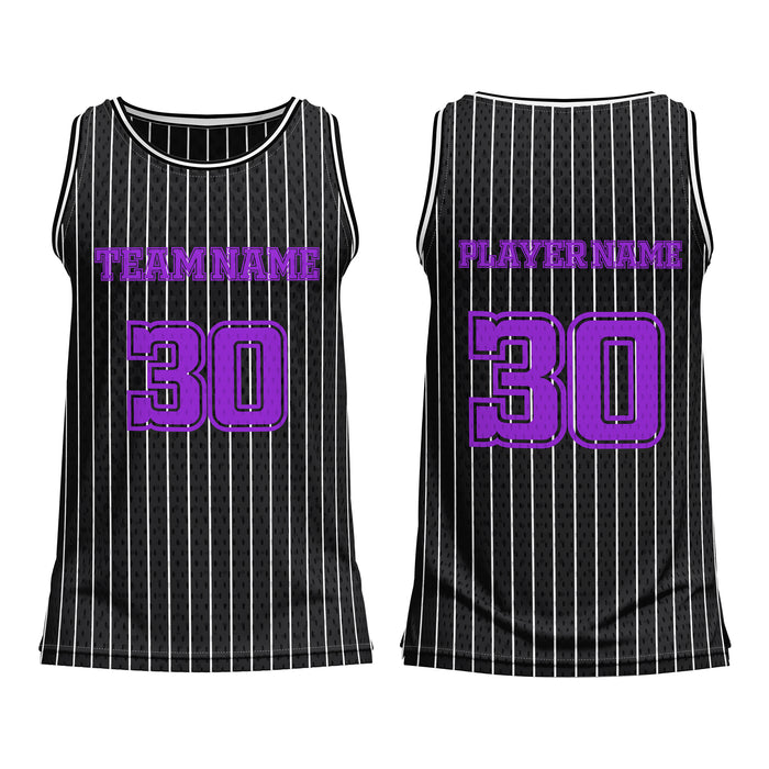 Black pinstripe basketball jersey with purple text on a white background