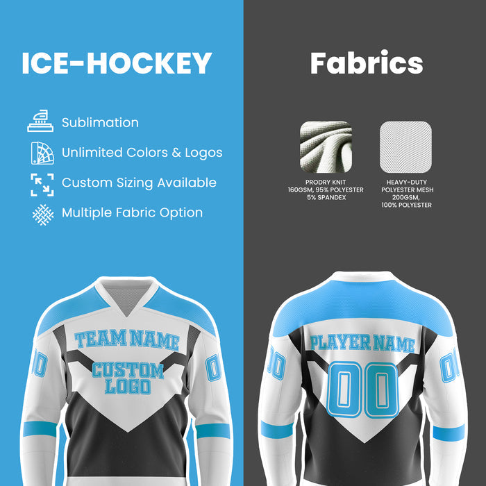 Ice hockey jersey design with customizable options on a blue and gray background