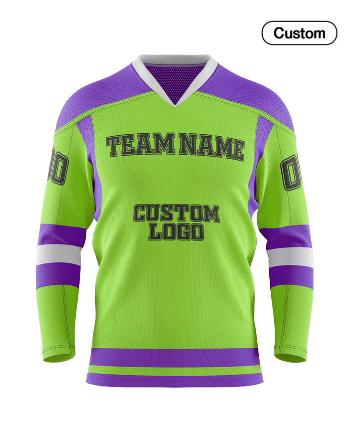 Green and purple sports jersey with customizable text on a white background