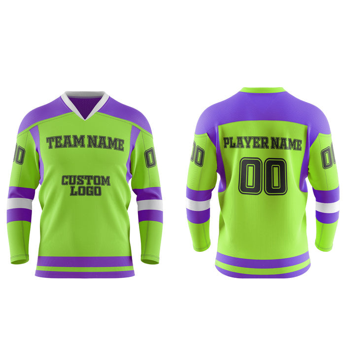 Green and purple sports jersey with customizable text on a white background
