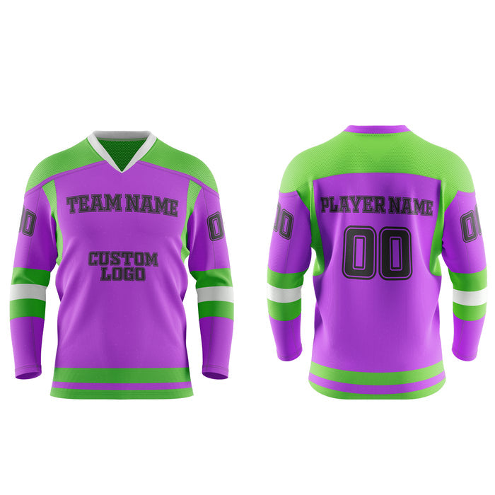 Purple and green sports jersey with customizable text on a white background