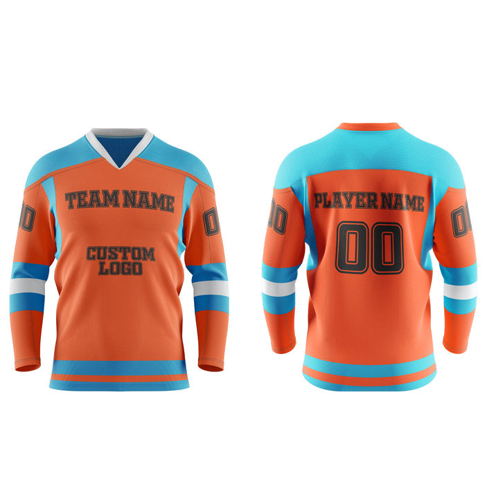 Orange and blue hockey jersey with customizable text on a white background