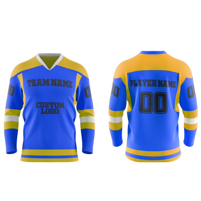 Blue and yellow hockey jersey with customizable text on a white background